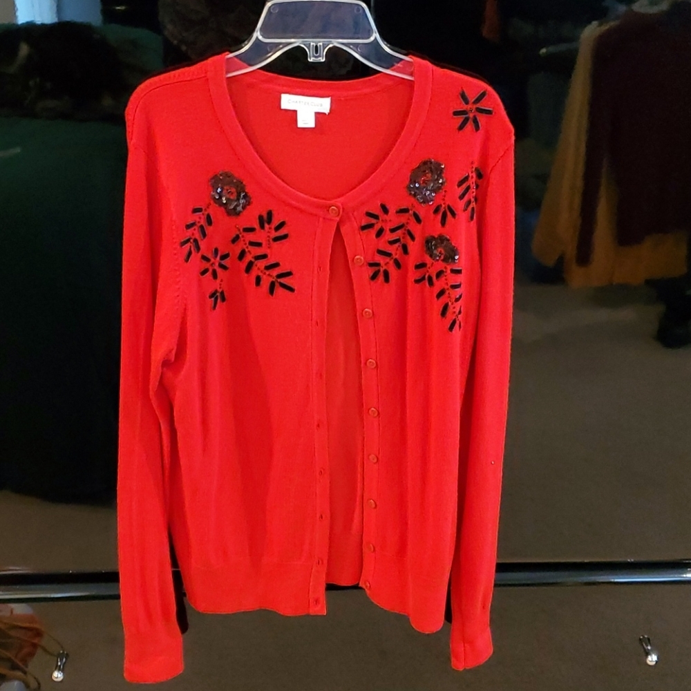 Charter Club sweater. Red. Black adornments.